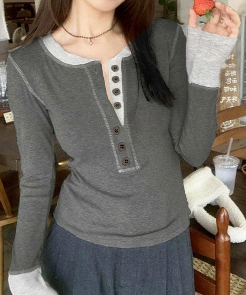 配色ヘンリーシャツハーフボタンカットソー レディース バイカラーヘンリーネックTシャツ レイヤード風リブトップス 長袖タイトtシャツ シンプル細見え着回しトップス 92XHJ-001