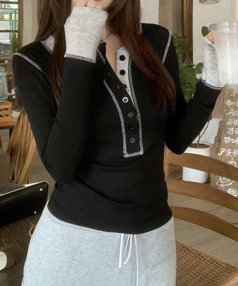 配色ヘンリーシャツハーフボタンカットソー レディース バイカラーヘンリーネックTシャツ レイヤード風リブトップス 長袖タイトtシャツ シンプル細見え着回しトップス 92XHJ-001