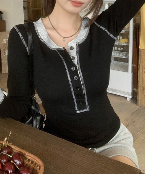 配色ヘンリーシャツハーフボタンカットソー レディース バイカラーヘンリーネックTシャツ レイヤード風リブトップス 長袖タイトtシャツ シンプル細見え着回しトップス 92XHJ-001
