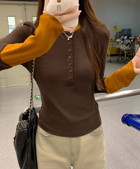 配色ヘンリーシャツハーフボタンカットソー レディース バイカラーヘンリーネックTシャツ レイヤード風リブトップス 長袖タイトtシャツ シンプル細見え着回しトップス 92XHJ-001