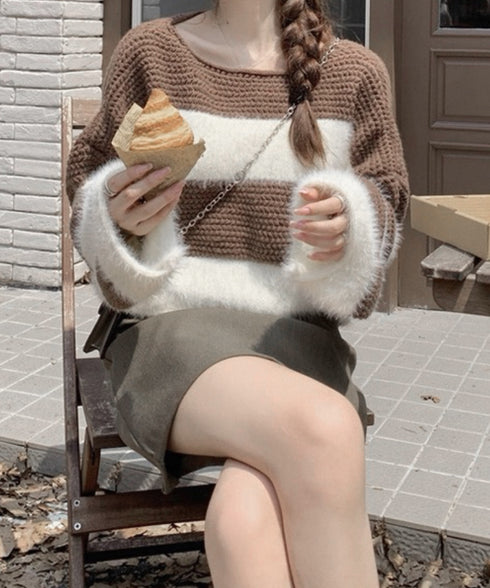 ワイドボーター シャギーニットレディース 大人可愛いボーダーニットトップス 長袖 ゆったりニットセーター 着やせ 柔らかいニットプルオーバー ショートニット春秋冬 92XIANGTAI-001