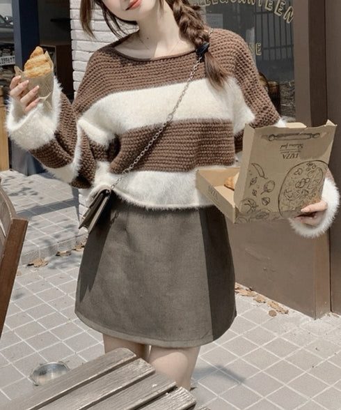 ワイドボーター シャギーニットレディース 大人可愛いボーダーニットトップス 長袖 ゆったりニットセーター 着やせ 柔らかいニットプルオーバー ショートニット春秋冬 92XIANGTAI-001