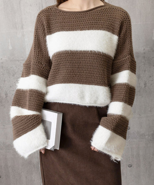 ワイドボーター シャギーニットレディース 大人可愛いボーダーニットトップス 長袖 ゆったりニットセーター 着やせ 柔らかいニットプルオーバー ショートニット春秋冬 92XIANGTAI-001