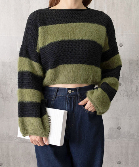 ワイドボーター シャギーニットレディース 大人可愛いボーダーニットトップス 長袖 ゆったりニットセーター 着やせ 柔らかいニットプルオーバー ショートニット春秋冬 92XIANGTAI-001