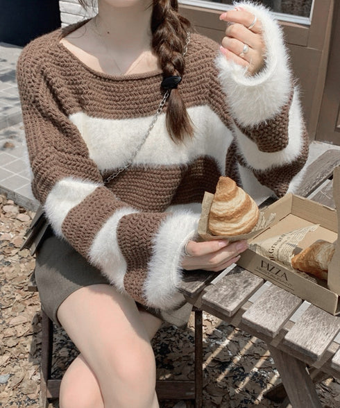 ワイドボーター シャギーニットレディース 大人可愛いボーダーニットトップス 長袖 ゆったりニットセーター 着やせ 柔らかいニットプルオーバー ショートニット春秋冬 92XIANGTAI-001