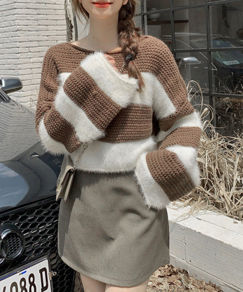 ワイドボーター シャギーニットレディース 大人可愛いボーダーニットトップス 長袖 ゆったりニットセーター 着やせ 柔らかいニットプルオーバー ショートニット春秋冬 92XIANGTAI-001