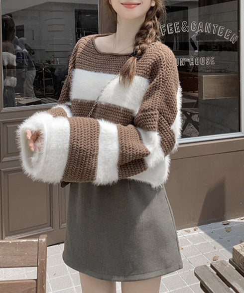 ワイドボーター シャギーニットレディース 大人可愛いボーダーニットトップス 長袖 ゆったりニットセーター 着やせ 柔らかいニットプルオーバー ショートニット春秋冬 92XIANGTAI-001