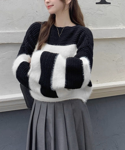 ワイドボーター シャギーニットレディース 大人可愛いボーダーニットトップス 長袖 ゆったりニットセーター 着やせ 柔らかいニットプルオーバー ショートニット春秋冬 92XIANGTAI-001