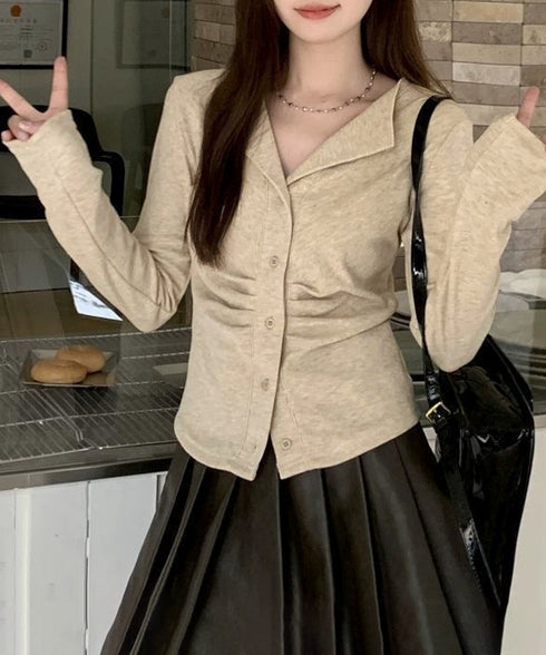 オープンカラーフロントギャザートップス 大人カジュアル 襟付きトップス着やせ レディース 可愛いフロントボタン リブ編みカットソー ショート丈細見えTシャツ秋冬 92XIYIN-001