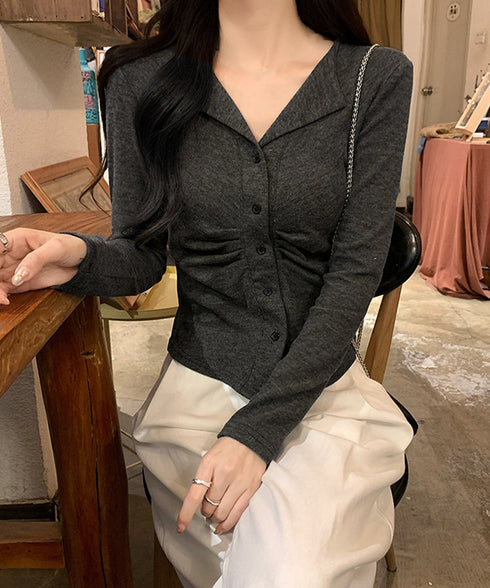 オープンカラーフロントギャザートップス 大人カジュアル 襟付きトップス着やせ レディース 可愛いフロントボタン リブ編みカットソー ショート丈細見えTシャツ秋冬 92XIYIN-001