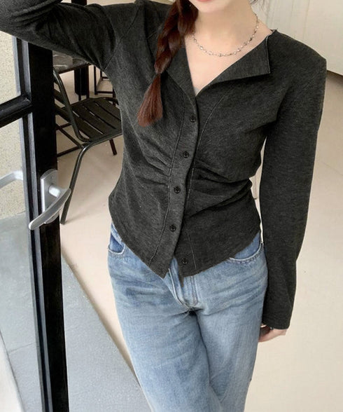 オープンカラーフロントギャザートップス 大人カジュアル 襟付きトップス着やせ レディース 可愛いフロントボタン リブ編みカットソー ショート丈細見えTシャツ秋冬 92XIYIN-001