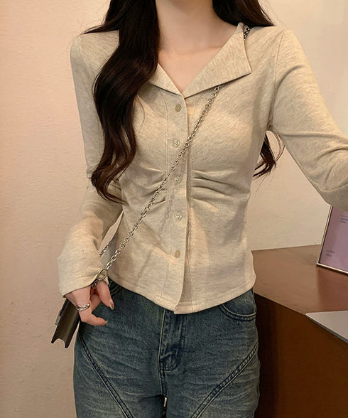 オープンカラーフロントギャザートップス 大人カジュアル 襟付きトップス着やせ レディース 可愛いフロントボタン リブ編みカットソー ショート丈細見えTシャツ秋冬 92XIYIN-001