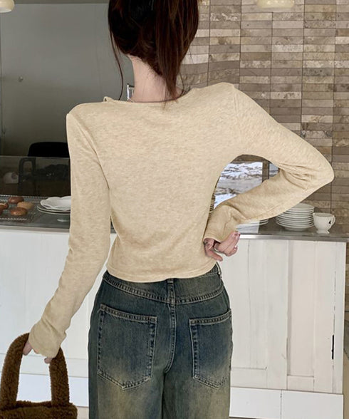 オープンカラーフロントギャザートップス 大人カジュアル 襟付きトップス着やせ レディース 可愛いフロントボタン リブ編みカットソー ショート丈細見えTシャツ秋冬 92XIYIN-001