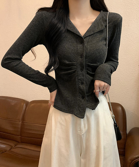 オープンカラーフロントギャザートップス 大人カジュアル 襟付きトップス着やせ レディース 可愛いフロントボタン リブ編みカットソー ショート丈細見えTシャツ秋冬 92XIYIN-001