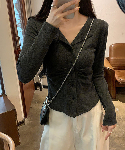 オープンカラーフロントギャザートップス 大人カジュアル 襟付きトップス着やせ レディース 可愛いフロントボタン リブ編みカットソー ショート丈細見えTシャツ秋冬 92XIYIN-001