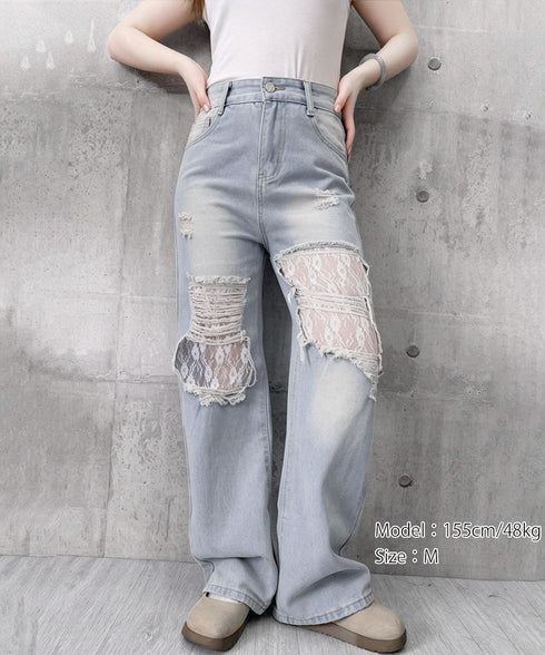 レースダメージデニムパンツ ワイドパンツ クラッシュデニム春夏 ゆるデニム レース切替デニムパンツY2K ダメージ加工ジーンズ透け感 ハイウエストデニム脚長着やせ 92YANGYANG-001
