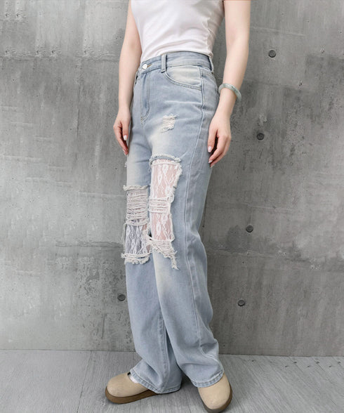 レースダメージデニムパンツ ワイドパンツ クラッシュデニム春夏 ゆるデニム レース切替デニムパンツY2K ダメージ加工ジーンズ透け感 ハイウエストデニム脚長着やせ 92YANGYANG-001