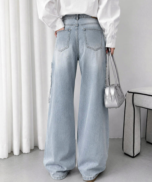 レースダメージデニムパンツ ワイドパンツ クラッシュデニム春夏 ゆるデニム レース切替デニムパンツY2K ダメージ加工ジーンズ透け感 ハイウエストデニム脚長着やせ 92YANGYANG-001