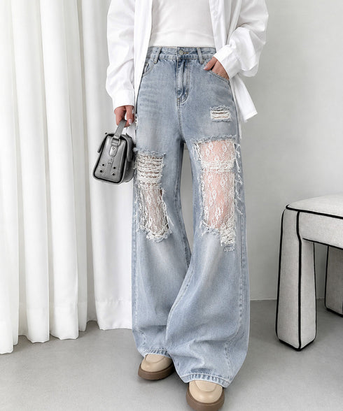 レースダメージデニムパンツ ワイドパンツ クラッシュデニム春夏 ゆるデニム レース切替デニムパンツY2K ダメージ加工ジーンズ透け感 ハイウエストデニム脚長着やせ 92YANGYANG-001