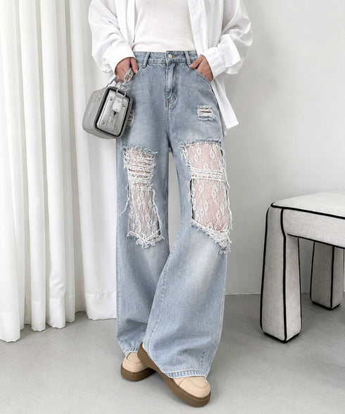 レースダメージデニムパンツ ワイドパンツ クラッシュデニム春夏 ゆるデニム レース切替デニムパンツY2K ダメージ加工ジーンズ透け感 ハイウエストデニム脚長着やせ 92YANGYANG-001