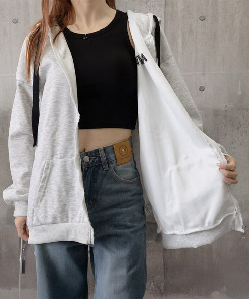 韓国風フード付きジップパーカーレディース ゆったりオーバーサイズトレーナー 前開きジップアップ長袖トップス フーディー 体型カバーライトアウター10代20代30代 92YGLMY-001