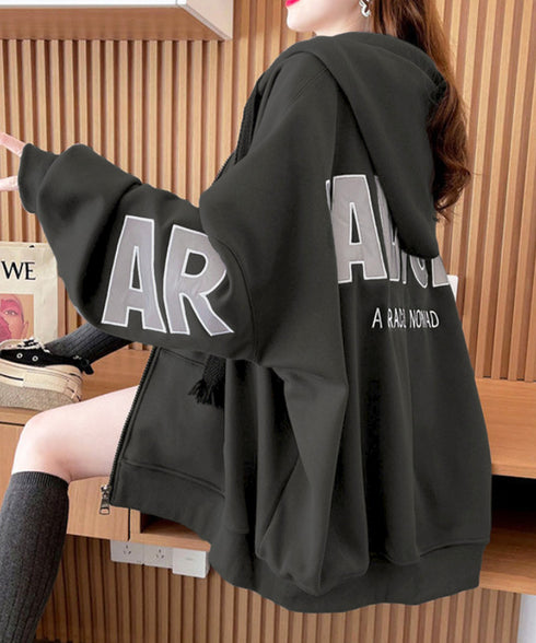 韓国風フード付きジップパーカーレディース ゆったりオーバーサイズトレーナー 前開きジップアップ長袖トップス フーディー 体型カバーライトアウター10代20代30代 92YGLMY-001