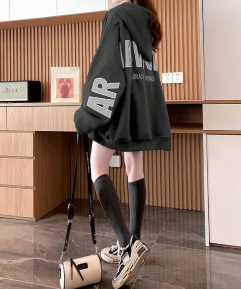 韓国風フード付きジップパーカーレディース ゆったりオーバーサイズトレーナー 前開きジップアップ長袖トップス フーディー 体型カバーライトアウター10代20代30代 92YGLMY-001