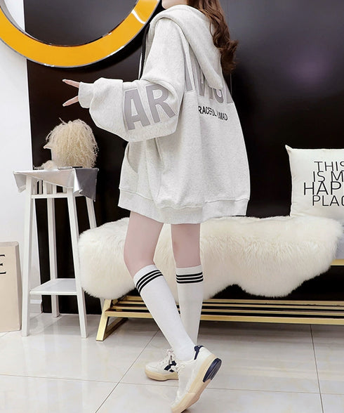 韓国風フード付きジップパーカーレディース ゆったりオーバーサイズトレーナー 前開きジップアップ長袖トップス フーディー 体型カバーライトアウター10代20代30代 92YGLMY-001