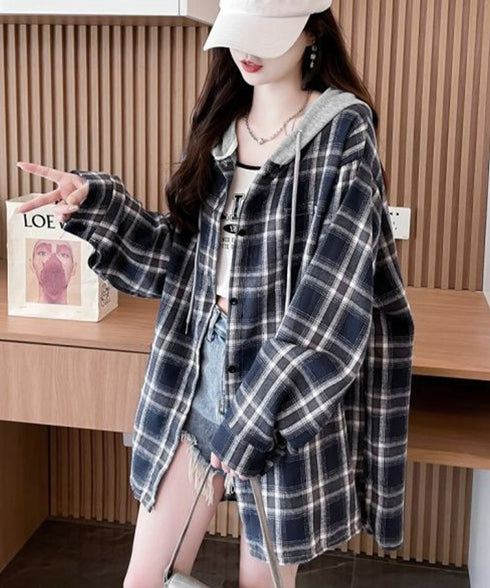 チェック柄フーデッドシャツレディース秋冬 微起毛切替BIGフードシャツ オーバーサイズシャツジャケット ヴィンテージ チェックシャツ ゆったり ネルシャツアウター 92YGLMY-002