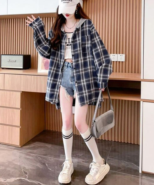 チェック柄フーデッドシャツレディース秋冬 微起毛切替BIGフードシャツ オーバーサイズシャツジャケット ヴィンテージ チェックシャツ ゆったり ネルシャツアウター 92YGLMY-002