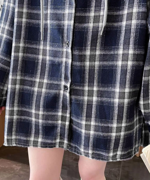 チェック柄フーデッドシャツレディース秋冬 微起毛切替BIGフードシャツ オーバーサイズシャツジャケット ヴィンテージ チェックシャツ ゆったり ネルシャツアウター 92YGLMY-002