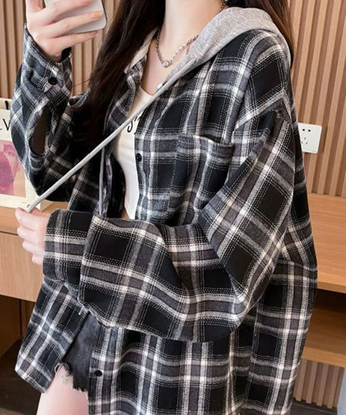 チェック柄フーデッドシャツレディース秋冬 微起毛切替BIGフードシャツ オーバーサイズシャツジャケット ヴィンテージ チェックシャツ ゆったり ネルシャツアウター 92YGLMY-002