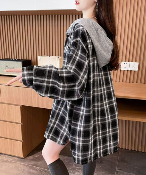 チェック柄フーデッドシャツレディース秋冬 微起毛切替BIGフードシャツ オーバーサイズシャツジャケット ヴィンテージ チェックシャツ ゆったり ネルシャツアウター 92YGLMY-002