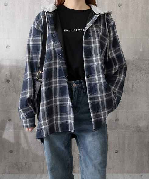 チェック柄フーデッドシャツレディース秋冬 微起毛切替BIGフードシャツ オーバーサイズシャツジャケット ヴィンテージ チェックシャツ ゆったり ネルシャツアウター 92YGLMY-002