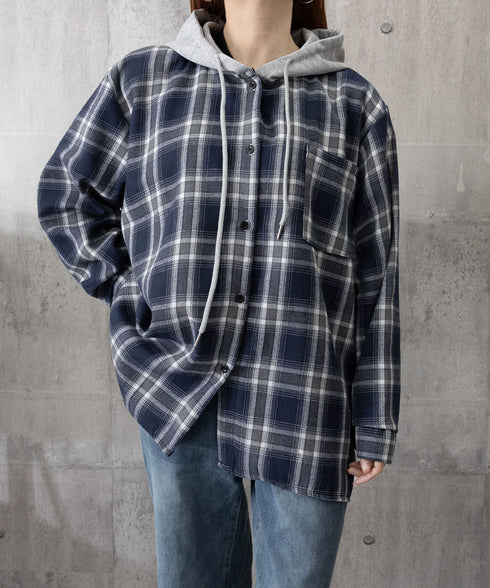 チェック柄フーデッドシャツレディース秋冬 微起毛切替BIGフードシャツ オーバーサイズシャツジャケット ヴィンテージ チェックシャツ ゆったり ネルシャツアウター 92YGLMY-002