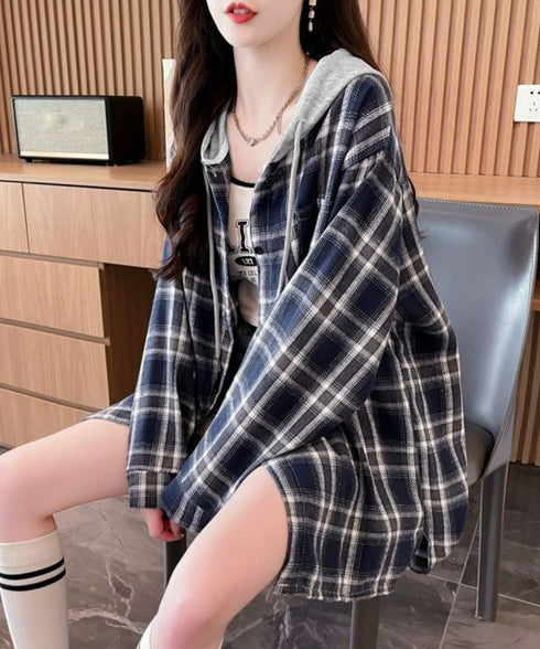 チェック柄フーデッドシャツレディース秋冬 微起毛切替BIGフードシャツ オーバーサイズシャツジャケット ヴィンテージ チェックシャツ ゆったり ネルシャツアウター 92YGLMY-002