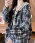 チェック柄フーデッドシャツレディース秋冬 微起毛切替BIGフードシャツ オーバーサイズシャツジャケット ヴィンテージ チェックシャツ ゆったり ネルシャツアウター 92YGLMY-002