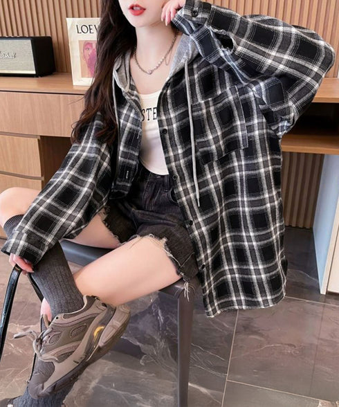 チェック柄フーデッドシャツレディース秋冬 微起毛切替BIGフードシャツ オーバーサイズシャツジャケット ヴィンテージ チェックシャツ ゆったり ネルシャツアウター 92YGLMY-002