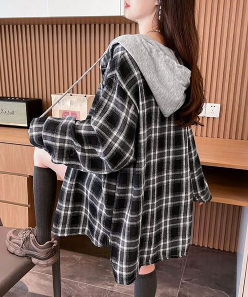 チェック柄フーデッドシャツレディース秋冬 微起毛切替BIGフードシャツ オーバーサイズシャツジャケット ヴィンテージ チェックシャツ ゆったり ネルシャツアウター 92YGLMY-002