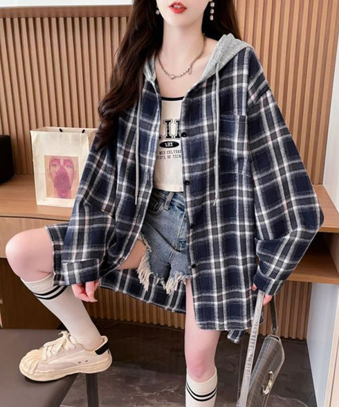 チェック柄フーデッドシャツレディース秋冬 微起毛切替BIGフードシャツ オーバーサイズシャツジャケット ヴィンテージ チェックシャツ ゆったり ネルシャツアウター 92YGLMY-002