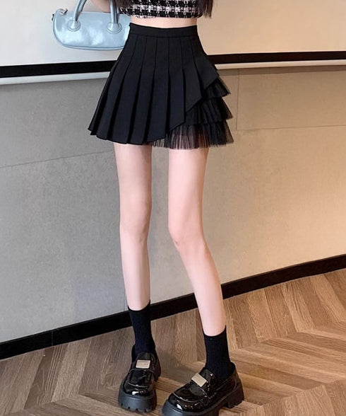 プリーツミニスカートチュール切替スカート レディース ハイウエストチュールスカート レイヤード風 Aラインスカートインナーパンツ付き 美脚脚長 ショート丈スカート 92YGYG-001