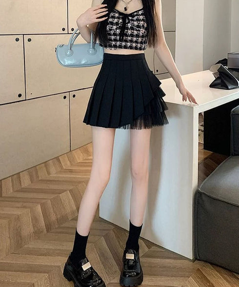 プリーツミニスカートチュール切替スカート レディース ハイウエストチュールスカート レイヤード風 Aラインスカートインナーパンツ付き 美脚脚長 ショート丈スカート 92YGYG-001