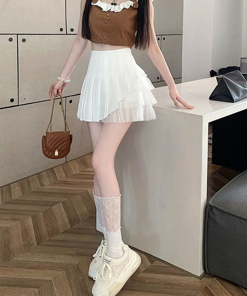 プリーツミニスカートチュール切替スカート レディース ハイウエストチュールスカート レイヤード風 Aラインスカートインナーパンツ付き 美脚脚長 ショート丈スカート 92YGYG-001