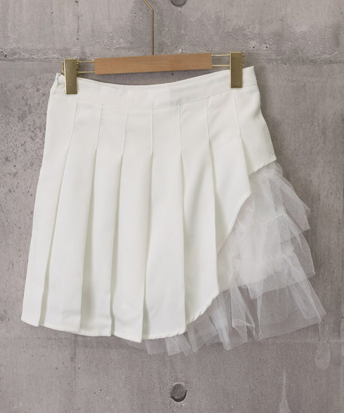 プリーツミニスカートチュール切替スカート レディース ハイウエストチュールスカート レイヤード風 Aラインスカートインナーパンツ付き 美脚脚長 ショート丈スカート 92YGYG-001