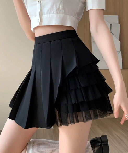 プリーツミニスカートチュール切替スカート レディース ハイウエストチュールスカート レイヤード風 Aラインスカートインナーパンツ付き 美脚脚長 ショート丈スカート 92YGYG-001