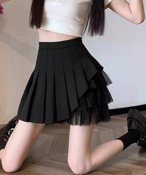 プリーツミニスカートチュール切替スカート レディース ハイウエストチュールスカート レイヤード風 Aラインスカートインナーパンツ付き 美脚脚長 ショート丈スカート 92YGYG-001