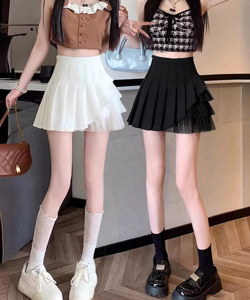 プリーツミニスカートチュール切替スカート レディース ハイウエストチュールスカート レイヤード風 Aラインスカートインナーパンツ付き 美脚脚長 ショート丈スカート 92YGYG-001