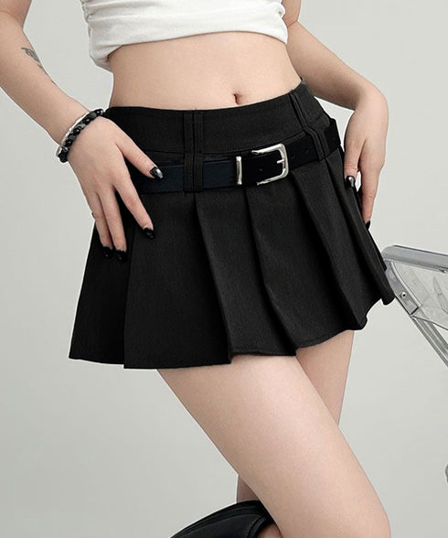 超ミニスカートベルト付きプリーツスカート インナーパンツ付きJKスカート ハイウエストセクシーコスプレAラインスカート ミニスカパン制服風美脚脚長マイクロスカート 92YIQINGYA-001