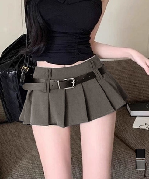 超ミニスカートベルト付きプリーツスカート インナーパンツ付きJKスカート ハイウエストセクシーコスプレAラインスカート ミニスカパン制服風美脚脚長マイクロスカート 92YIQINGYA-001
