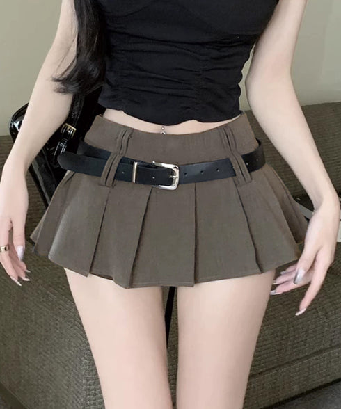 超ミニスカートベルト付きプリーツスカート インナーパンツ付きJKスカート ハイウエストセクシーコスプレAラインスカート ミニスカパン制服風美脚脚長マイクロスカート 92YIQINGYA-001
